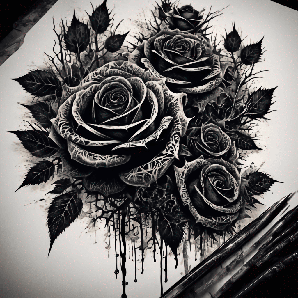 A complex, dense vertical cascade of overlapping black roses and intricate, interwoven thorny brambles. The design features dramatic, aggressive thorns and multiple sharp, skeletal briars clashing with the dark petals. A key feature is the stylized, grunge-like ink splatters and drips (looking like old blood) that bleed dramatically into the background.
Details to Include:
Dense clusters of velvety, jet-black roses.
Aggressive, tightly woven thorny vines.
Visible, stylized drips and splatters of fine black and dark red ink.