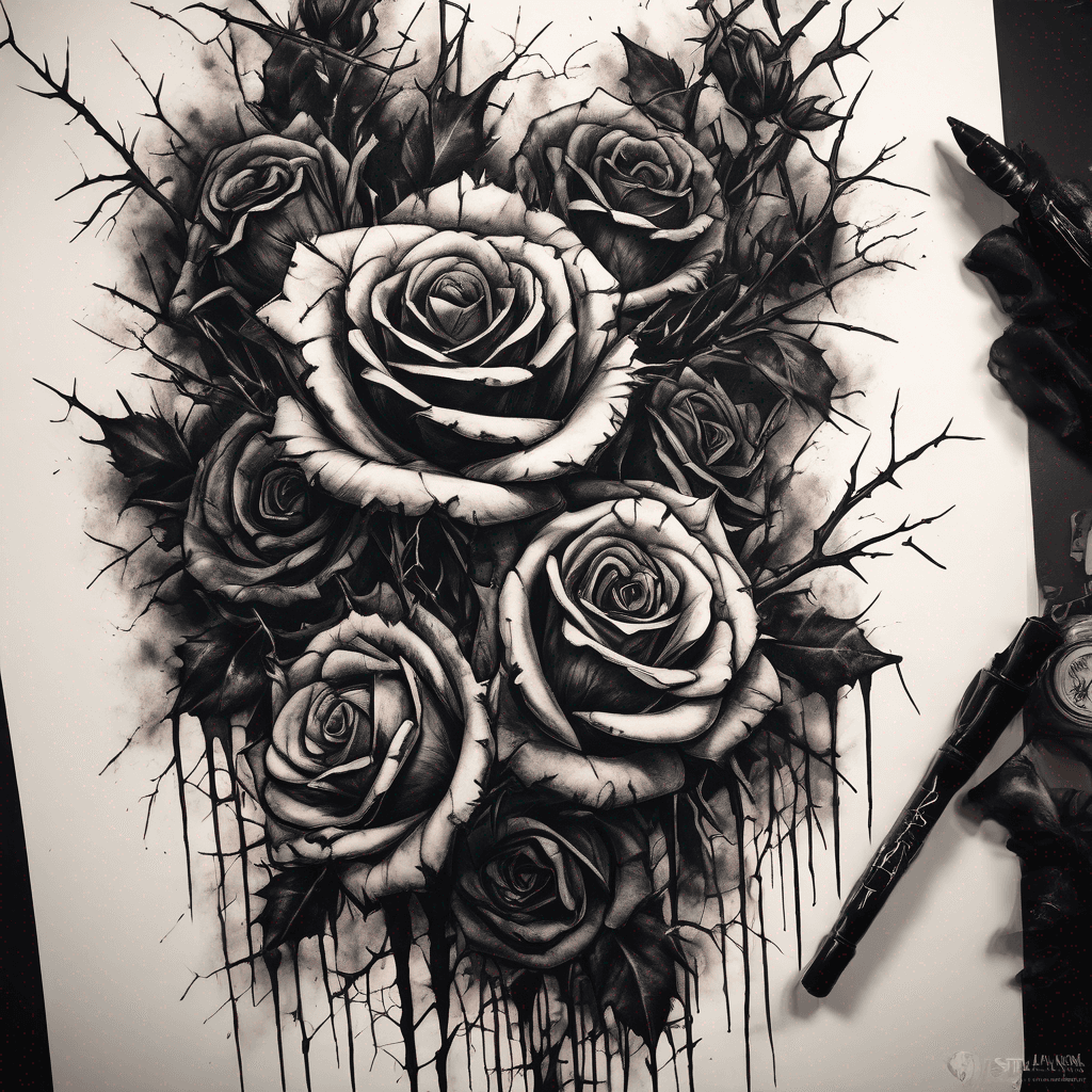 A complex, dense vertical cascade of overlapping black roses and intricate, interwoven thorny brambles. The design features dramatic, aggressive thorns and multiple sharp, skeletal briars clashing with the dark petals. A key feature is the stylized, grunge-like ink splatters and drips (looking like old blood) that bleed dramatically into the background.
Details to Include:
Dense clusters of velvety, jet-black roses.
Aggressive, tightly woven thorny vines.
Visible, stylized drips and splatters of fine black and dark red ink.