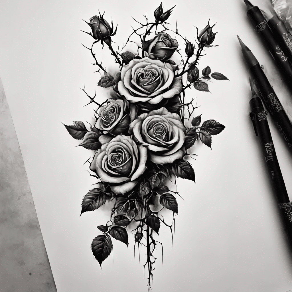 A vertical linear tattoo flash design on a pure white background, black and grey realism. A single elongated column featuring five realistic blooming roses connected by a central thick thorny vine with large sharp thorns. Slender vertical composition, no extra elements, no background mist, no drips, no butterflies, no skulls. High contrast, smooth grey gradients, deep black shadows, clean crisp silhouette.