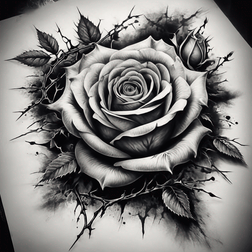 I want a rose and thorns tattoo with rose and rose buds spaced out and lots of negative space between the rose. Add in leaves and thorns with the some blood on the thorns in a dipping format