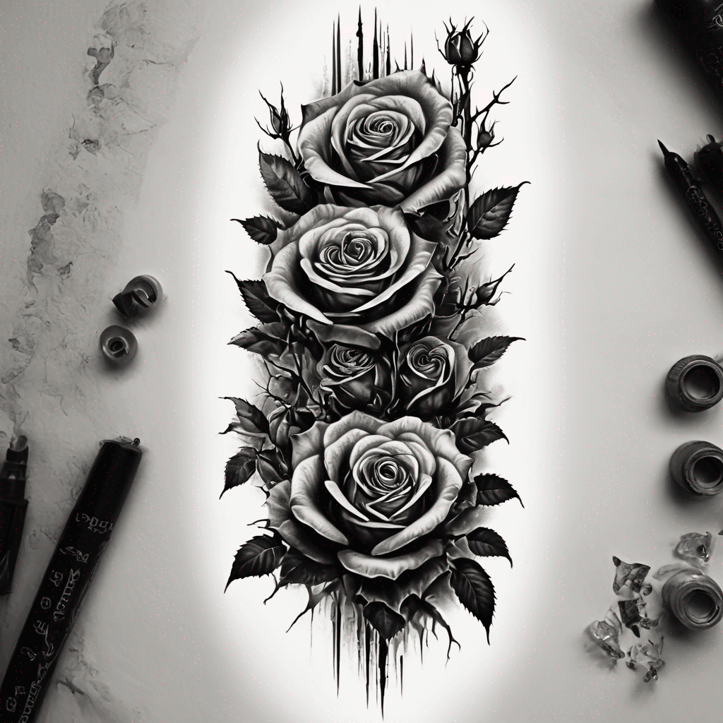 A vertical linear tattoo flash design on a pure white background, black and grey realism. A single elongated column featuring five realistic blooming roses connected by a central thick thorny vine with large sharp thorns. Slender vertical composition, no extra elements, no background mist, no drips, no butterflies, no skulls. High contrast, smooth grey gradients, deep black shadows, clean crisp silhouette, and lots of negative space. Make the roses more spaced out
