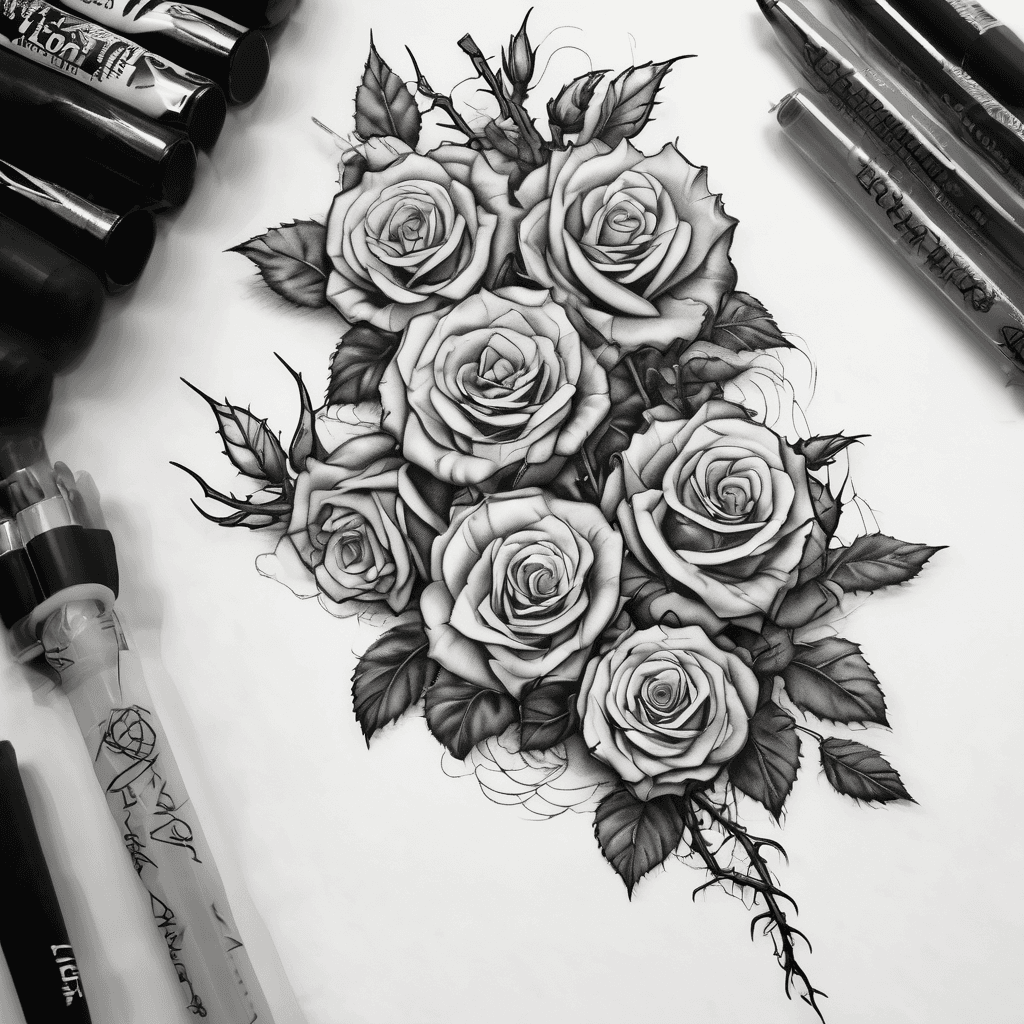 A vertical linear tattoo flash design on a pure white background, black and grey realism. A single elongated column featuring five realistic blooming roses connected by a central thick thorny vine with large sharp thorns. Slender vertical composition, no extra elements, no background mist, no drips, no butterflies, no skulls. High contrast, smooth grey gradients, deep black shadows, clean crisp silhouette, and lots of negative space.