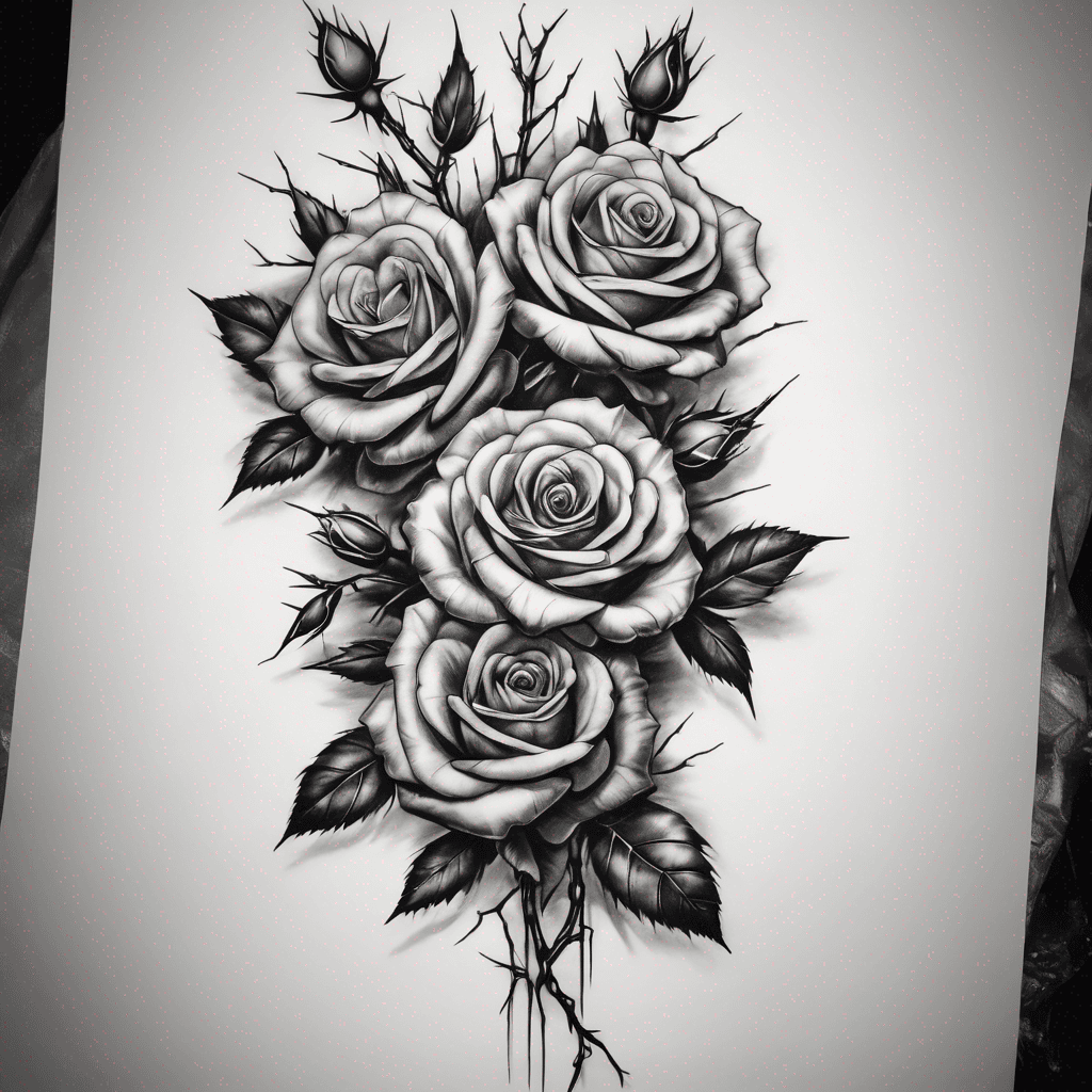 A vertical linear tattoo flash design on a pure white background, black and grey realism. A single elongated column featuring five realistic blooming roses connected by a central thick thorny vine with large sharp thorns. Slender vertical composition, no extra elements, no background mist, no drips, no butterflies, no skulls. High contrast, smooth grey gradients, deep black shadows, clean crisp silhouette, and lots of negative space.