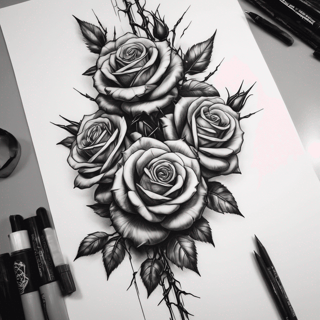 A vertical linear tattoo flash design on a pure white background, black and grey realism. A single elongated column featuring five realistic blooming roses connected by a central thick thorny vine with large sharp thorns. Slender vertical composition, no extra elements, no background mist, no drips, no butterflies, no skulls. High contrast, smooth grey gradients, deep black shadows, clean crisp silhouette, and lots of negative space. Put one big vine down the middle and the rose branching of from that