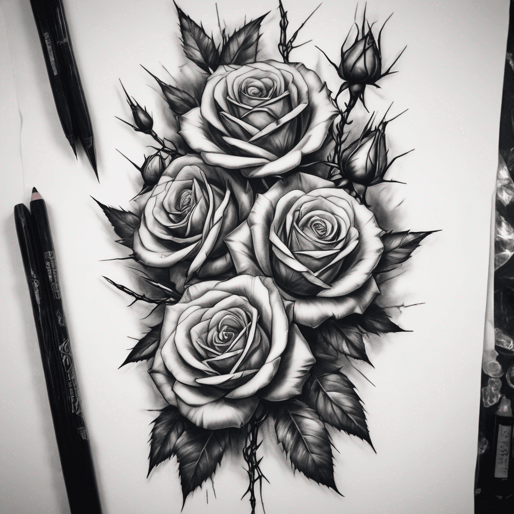 A vertical linear tattoo flash design on a pure white background, black and grey realism. A single elongated column featuring five realistic blooming roses connected by a central thick thorny vine with large sharp thorns. Slender vertical composition, no extra elements, no background mist, no drips, no butterflies, no skulls. High contrast, smooth grey gradients, deep black shadows, clean crisp silhouette, and lots of negative space. Put one big vine down the middle and the rose branching of from that. Small roses