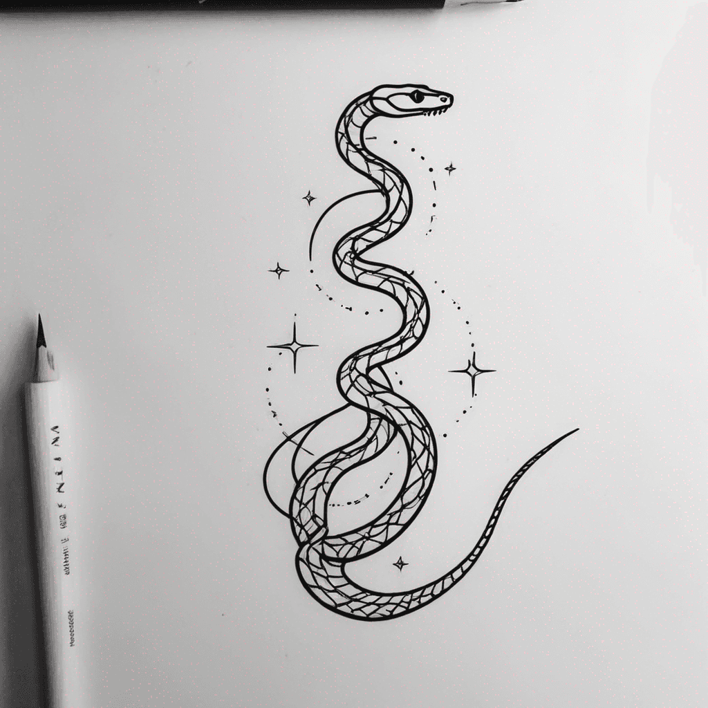 A snake design which takes up the length of my forearm, but only 1/3 of the width.
The snake should be curved across the arm and have a space theme. There should be stars and other minimalist space details on the outside surrounding the snake, and images within the snakes body such as planets and moons.
The snakes tail should be near the elbow, and it's head about an inch away from where the wrist meets the hand. The snake should look neutral and not scary or cute.