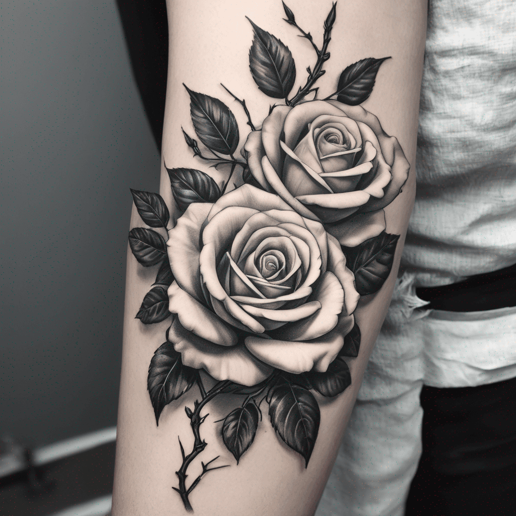 mini rose and leaf all branching off a vine with thorns. Have the vine clear down the middle of the peace with the mini roses budding off the sides