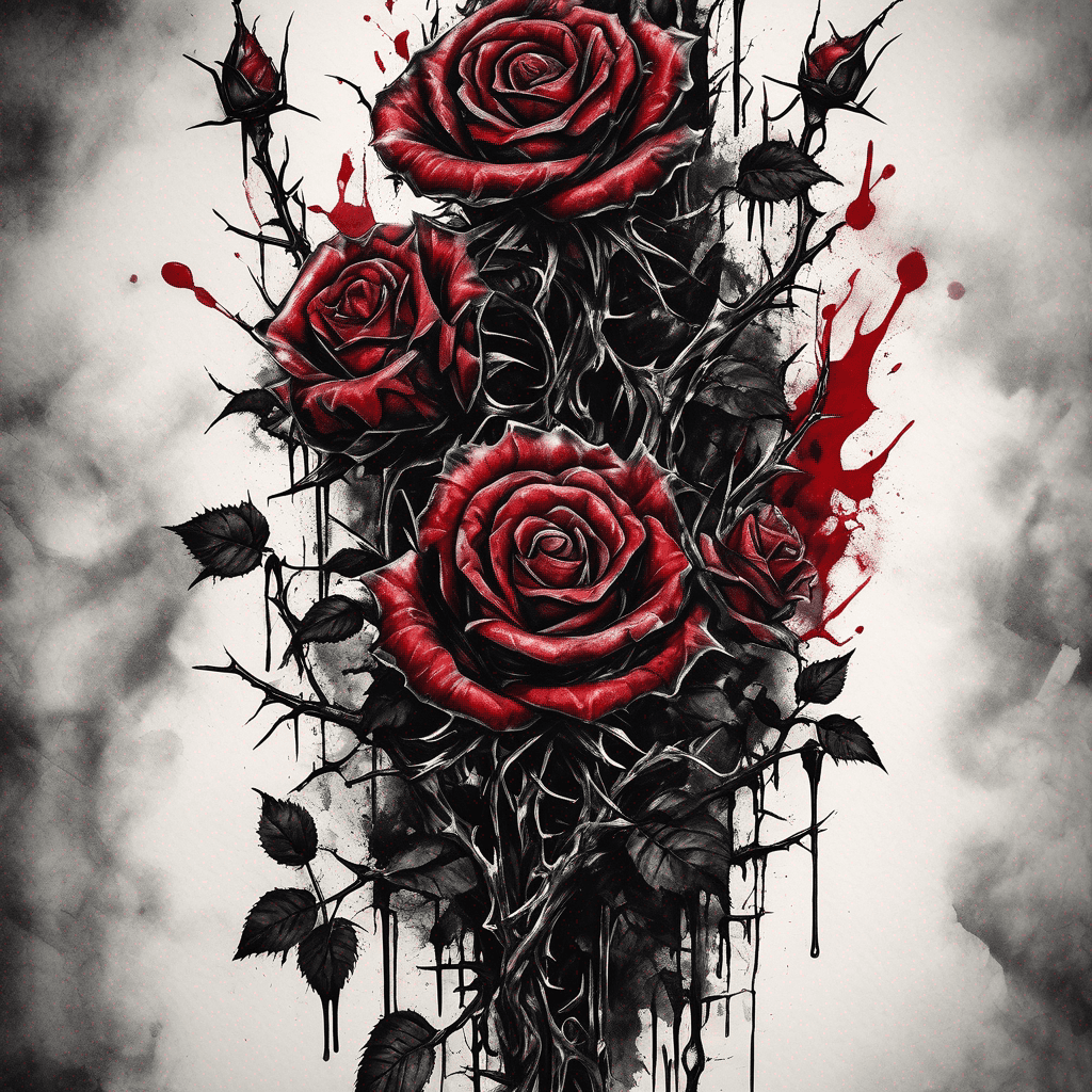 A vertical tattoo design flash in dark surrealism and brutalist illustrative style, gothic noir aesthetic. Complex vertical cascade of dense velvety jet-black roses and interwoven skeletal thorny brambles. Aggressive sharp thorns, intense texture, and high contrast. Stylized grunge ink splatters and dark blood-red drips bleeding into a plain white background. Blackwork, fine line details, whip shading, clean negative space.