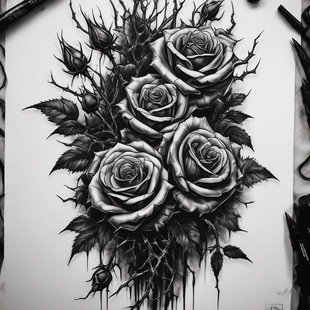 A vertical tattoo design flash in dark surrealism and brutalist illustrative style, gothic noir aesthetic. Complex vertical cascade of dense velvety jet-black roses and interwoven skeletal thorny brambles. Aggressive sharp thorns, intense texture, and high contrast. Black gray, fine line details, whip shading, clean negative space.