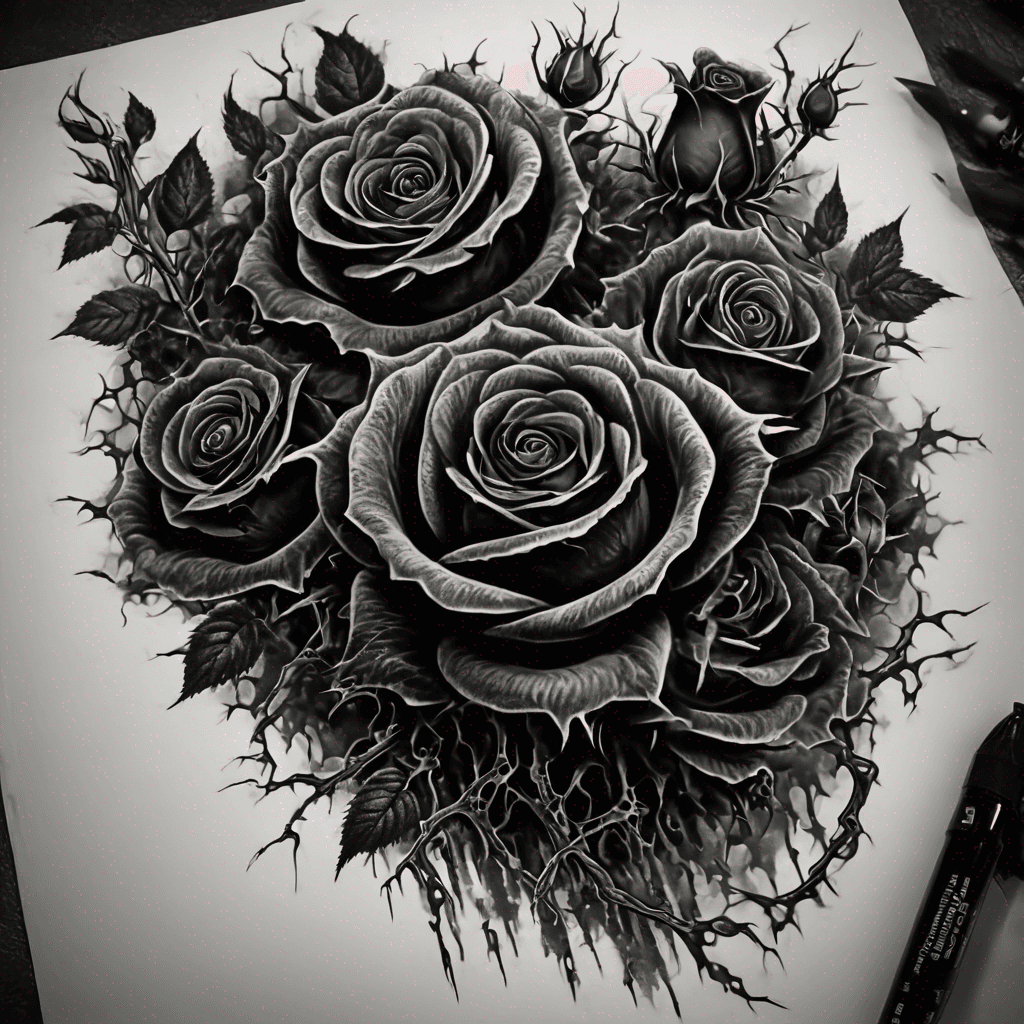 A vertical tattoo design flash in dark surrealism and brutalist illustrative style, gothic noir aesthetic. Complex vertical cascade of dense velvety jet-black roses and interwoven skeletal thorny brambles. Aggressive sharp thorns, intense texture, and high contrast. Black gray, fine line details, whip shading, clean negative space.