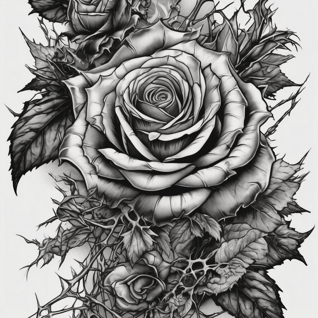 A vertical tattoo design flash in dark surrealism and brutalist illustrative style, gothic noir aesthetic. Complex vertical cascade of dense velvety jet-black roses and interwoven skeletal thorny brambles. Aggressive sharp thorns, intense texture, and high contrast. Black gray, fine line details, whip shading, clean negative space.