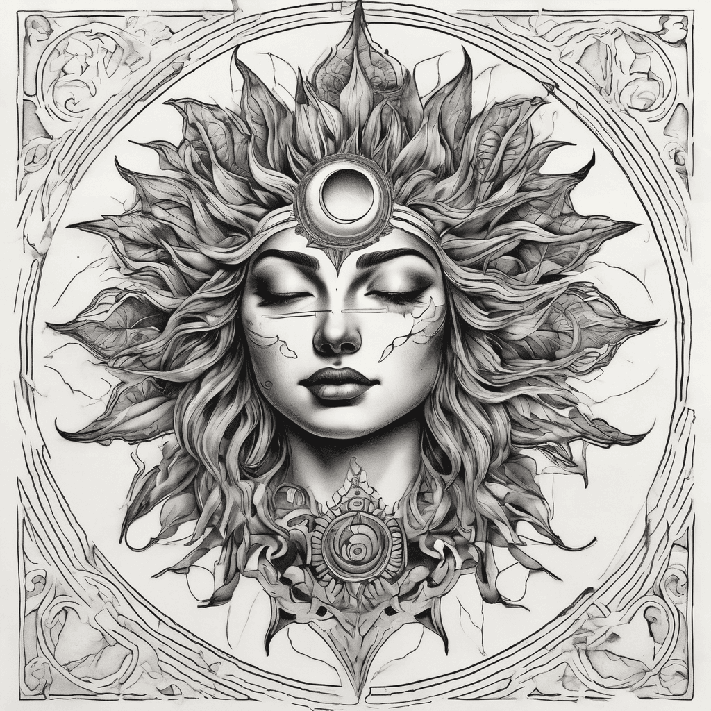 Sun with beautiful woman's face and the crescent moon on the left side with eyes. Sun rays should intertwine with outline of slivers of moon include vibrant palette selections; sun should be fire engine red, deep orange, bright marigold or golden yellow. Moon elements electric royal blue, deep indigo, magenta, or violet to create a striking day vs night contrast. Add white ink highlights on the tips of the sun rays, the nose, the lips, or the forehead star