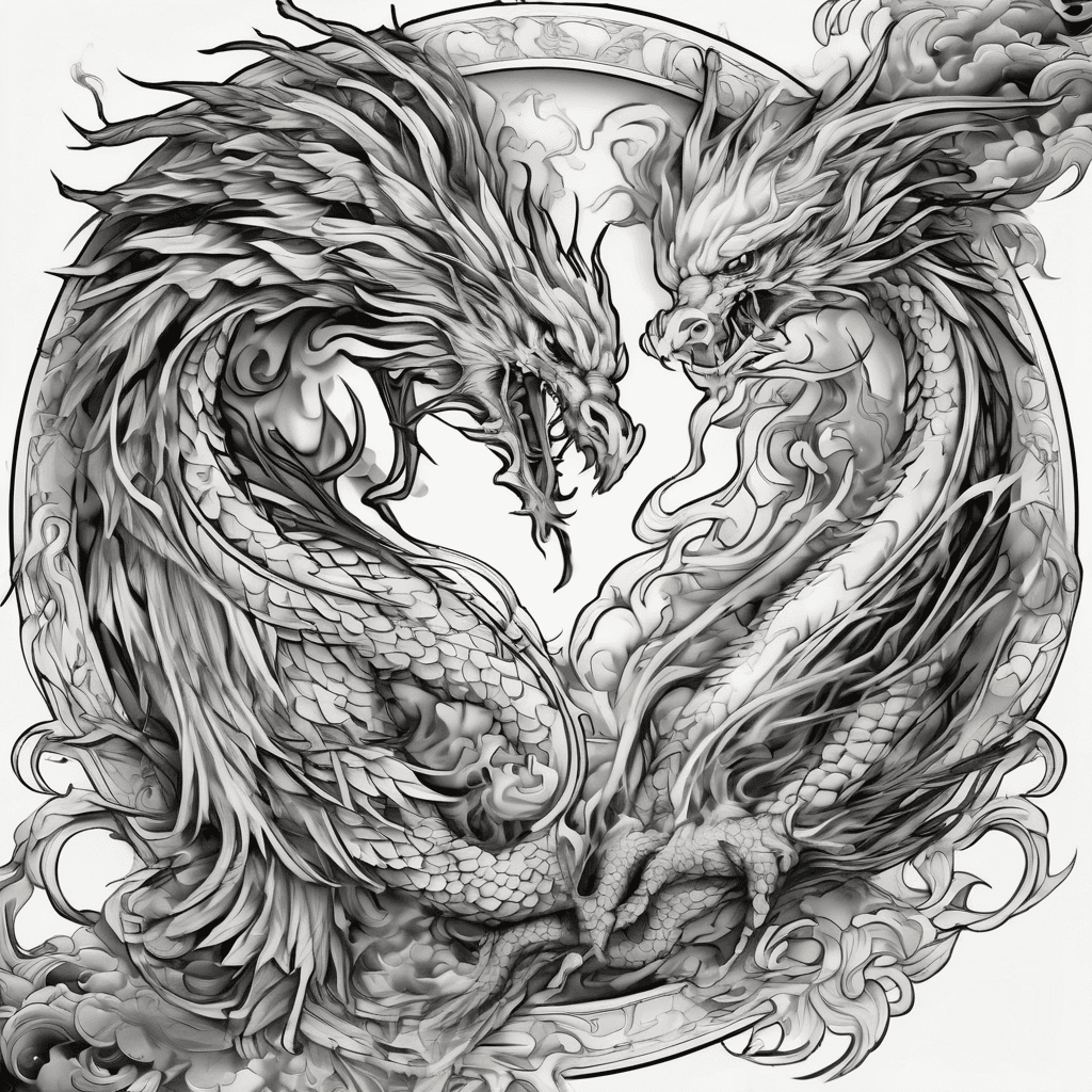 Phoenix and dragon fighting
Yin yang
Flames
Conflict