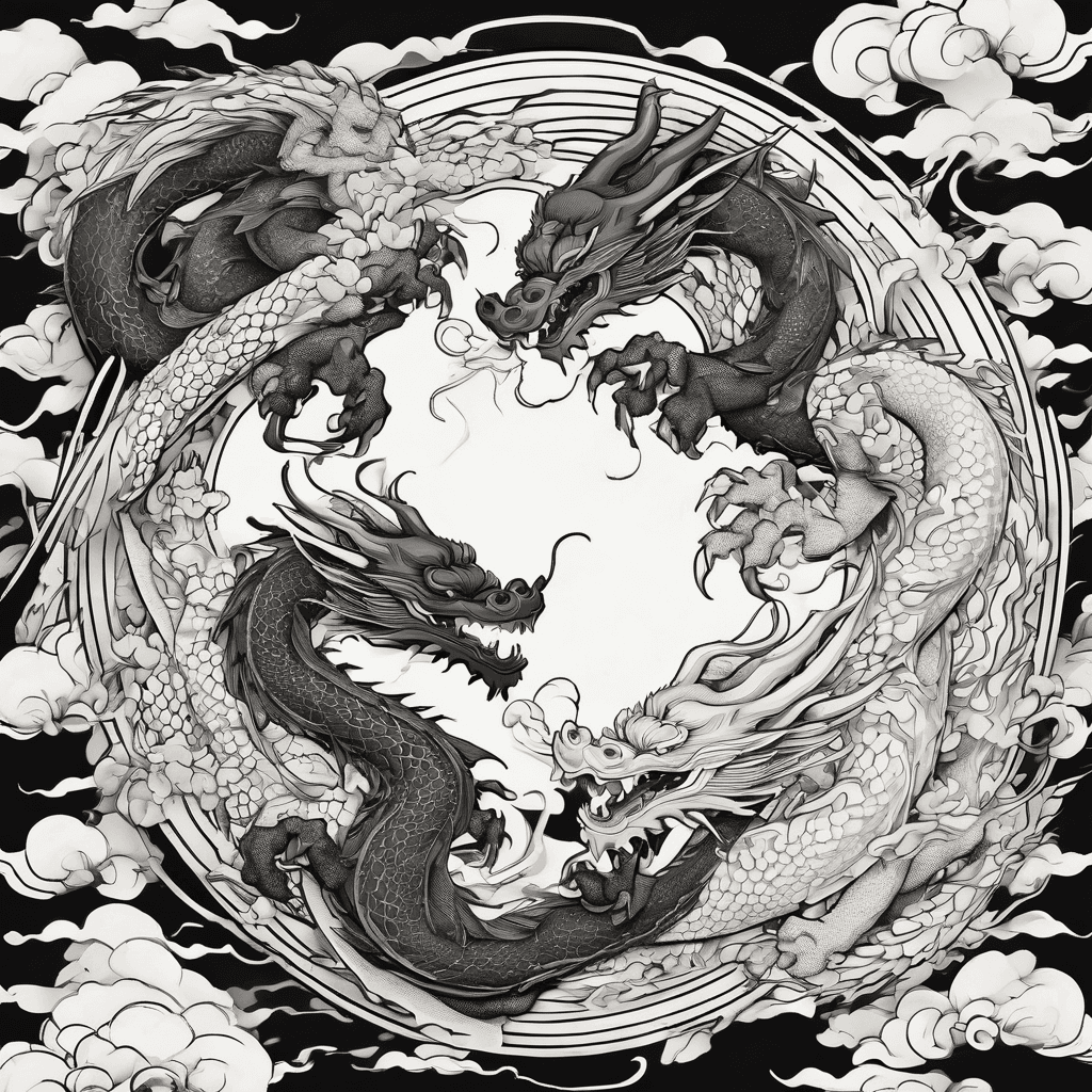 Yin yang style
Dragons fighting
Dragons breathing fire at each other