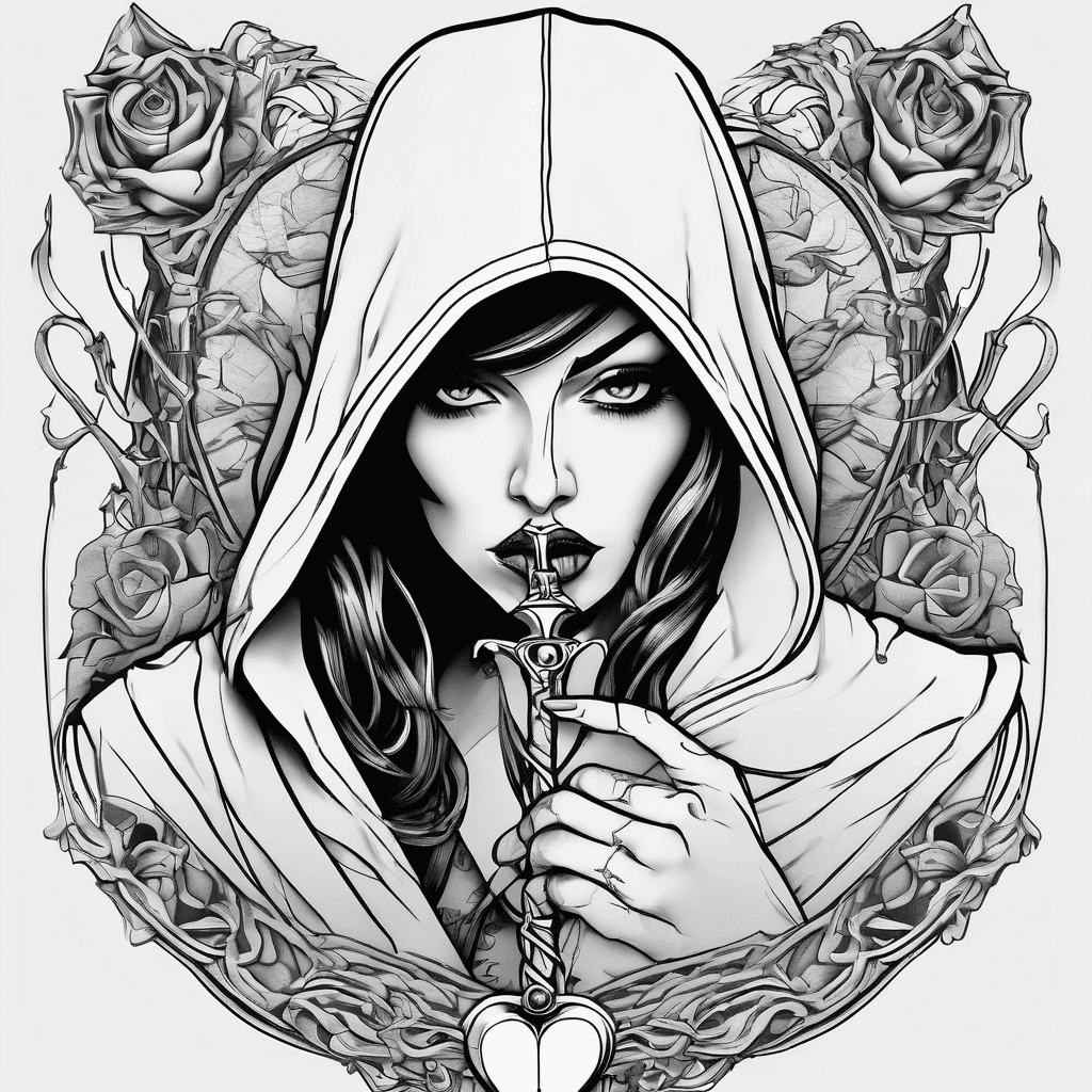 Robed hooded woman holding dagger pointed towards a chained up heart