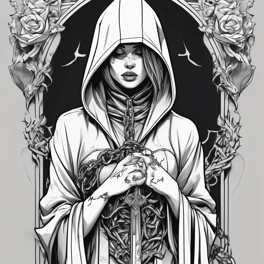 Robed hooded woman holding dagger pointed towards a chained up heart