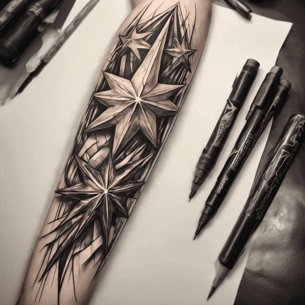 Tattoo composition designed specifically for a vertical forearm: elongated and balanced, following the natural anatomy of the arm. The entire design should remain visually contained within the four-point cracked-star silhouette shown in the sketch. Tattoo artwork only, isolated design, professional tattoo artist concept, ultra-detailed, photorealistic, realistic