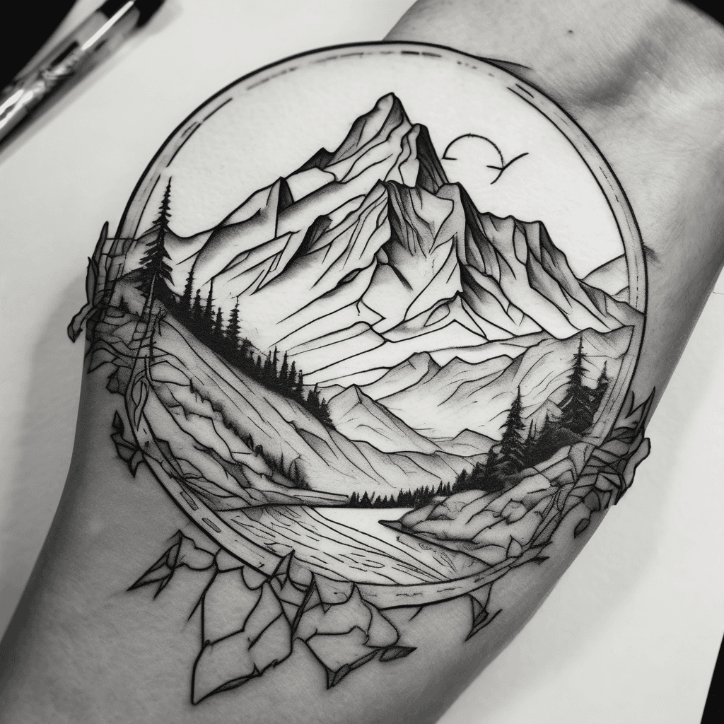 A minimalist mountain landscape inspired by true detective season one. make around the wrist