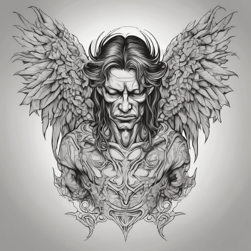 Sad hormed demon with angel wings holding his head