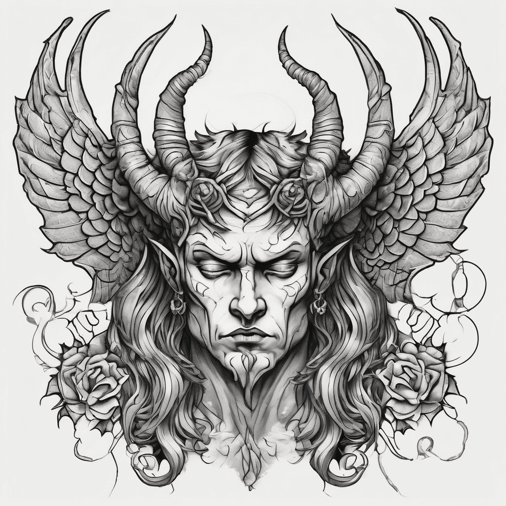 Sad horned demon with angel wings holding his head