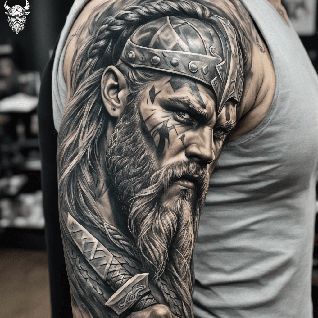 Black and grey micro-realism tattoo sleeve design. Upper arm/shoulder: a fierce Viking warrior’s upper body, two battle axes crossed in an X at chest height, muscular detailed forearms, weathered face with braided beard and hair, carved in smooth photorealistic shading like fine-art sculpture. Mid-arm transition: dramatic thunderstorm — jagged lightning bolts tearing through dense, rolling storm clouds, rendered with soft gradient smoke-like shading, no hard outlines. Lower forearm: a Viking longship with dragon-head prow cutting through turbulent wave-crashing seas beneath the storm. Entire piece flows as one continuous vertical composition, tightly linked panels with no empty gaps, fine stipple and smooth blend shading throughout, deep rich blacks, soft highlight contrast on skin/wood/metal textures, photorealistic engraving quality matching classical statue and chess-piece tattoo reference work.