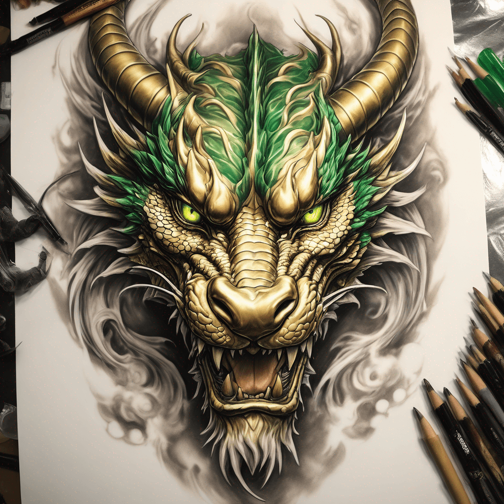 Golden Dragon
White and black mixed/blended belly
Emerald Green Eyes
5 claws
3 limbs
S shaped body
Brown Horns
2 whiskers, 1 on each side
Black nose
White beard and highlights around head
Benevolent, majestic, spiritual, masculine, elegant, powerful, premium, and timeless.