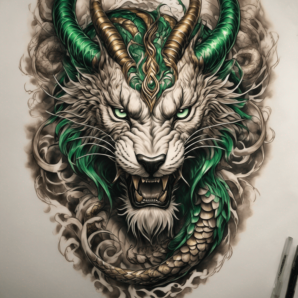 Eastern Golden Dragon for inner forearm.
White and black mixed/blended belly.
Emerald Green Eyes.
5 claws.
3 limbs.
S shaped body.
Brown Horns.
2 whiskers, 1 on each side.
Black nose.
White beard and highlights around head.
Benevolent, majestic, spiritual, masculine, elegant, powerful, premium, and timeless.