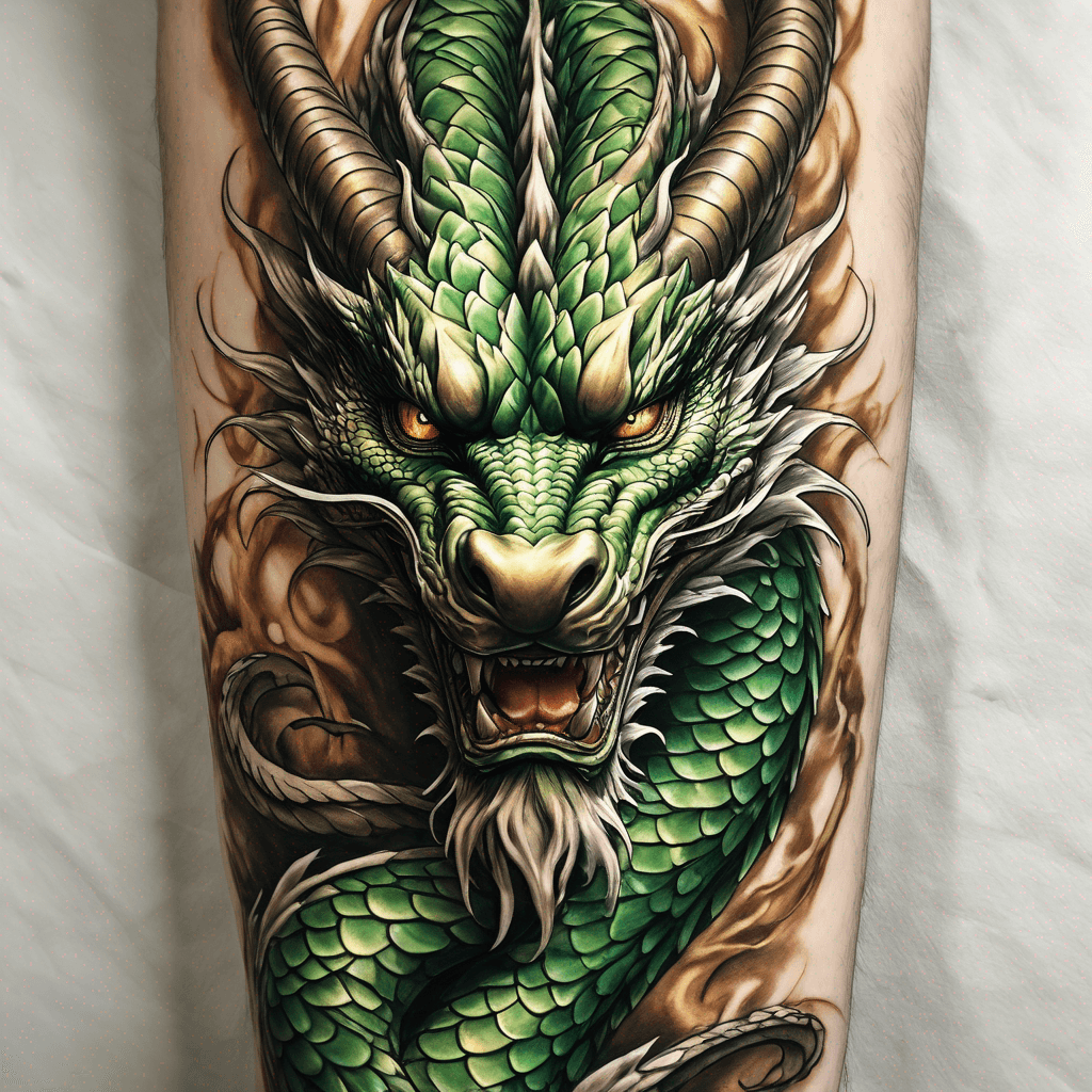 Eastern Golden Dragon for inner forearm.
Emerald Green Eyes.
Black nose.
White beard and highlights around head.
Brown Horns
Benevolent, majestic, spiritual, masculine, elegant