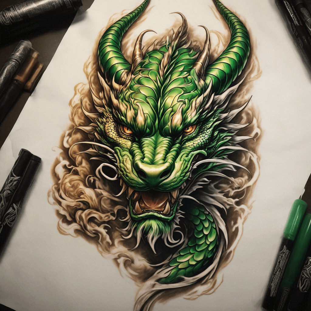 Follow these exact instructions
Eastern Golden Dragon for inner forearm.
Emerald Green Eyes.
Black nose.
White beard and highlights around head.
Brown Horns
Benevolent, majestic, spiritual, masculine, elegant