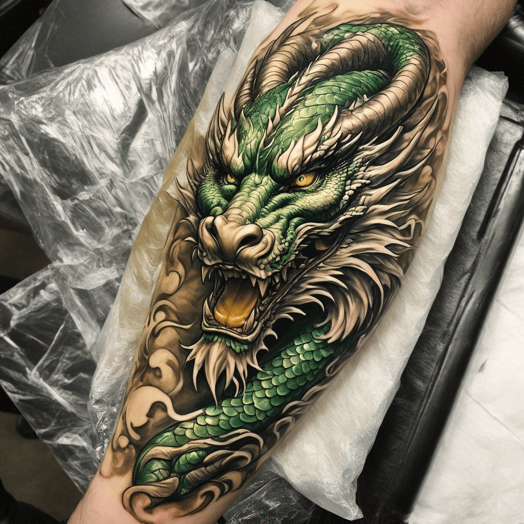 Eastern Dragon for inner forearm.
Gold Dragon.
Emerald Green Eyes.
Black nose.
White beard and highlights around head.
Brown Horns
Benevolent, majestic, spiritual, masculine, elegant