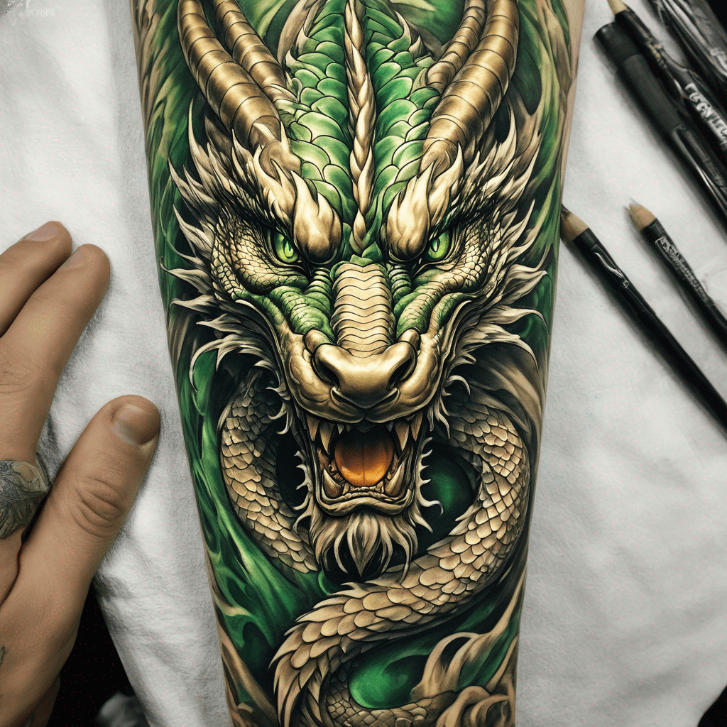 Eastern Dragon for inner forearm.
Gold Dragon.
Emerald Green Eyes.
Black nose.
White beard and highlights around head.
Brown Horns
Benevolent, majestic, spiritual, masculine, elegant