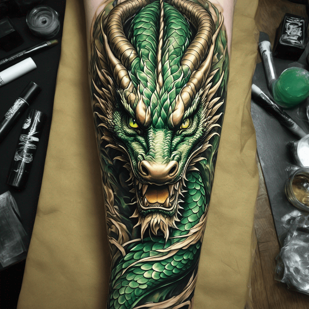 Eastern Dragon for inner forearm.
Gold coloured Dragon.
Emerald Green Eyes.
Black nose.
White beard and highlights around head.
Brown Horns
Benevolent, majestic, spiritual, masculine, elegant