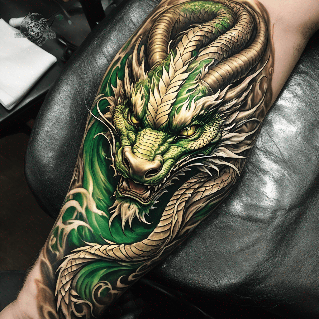 Eastern Dragon for inner forearm.
Gold coloured Dragon.
Emerald Green Eyes.
Black nose.
White beard and highlights around head.
Brown Horns
Benevolent, majestic, spiritual, masculine, elegant