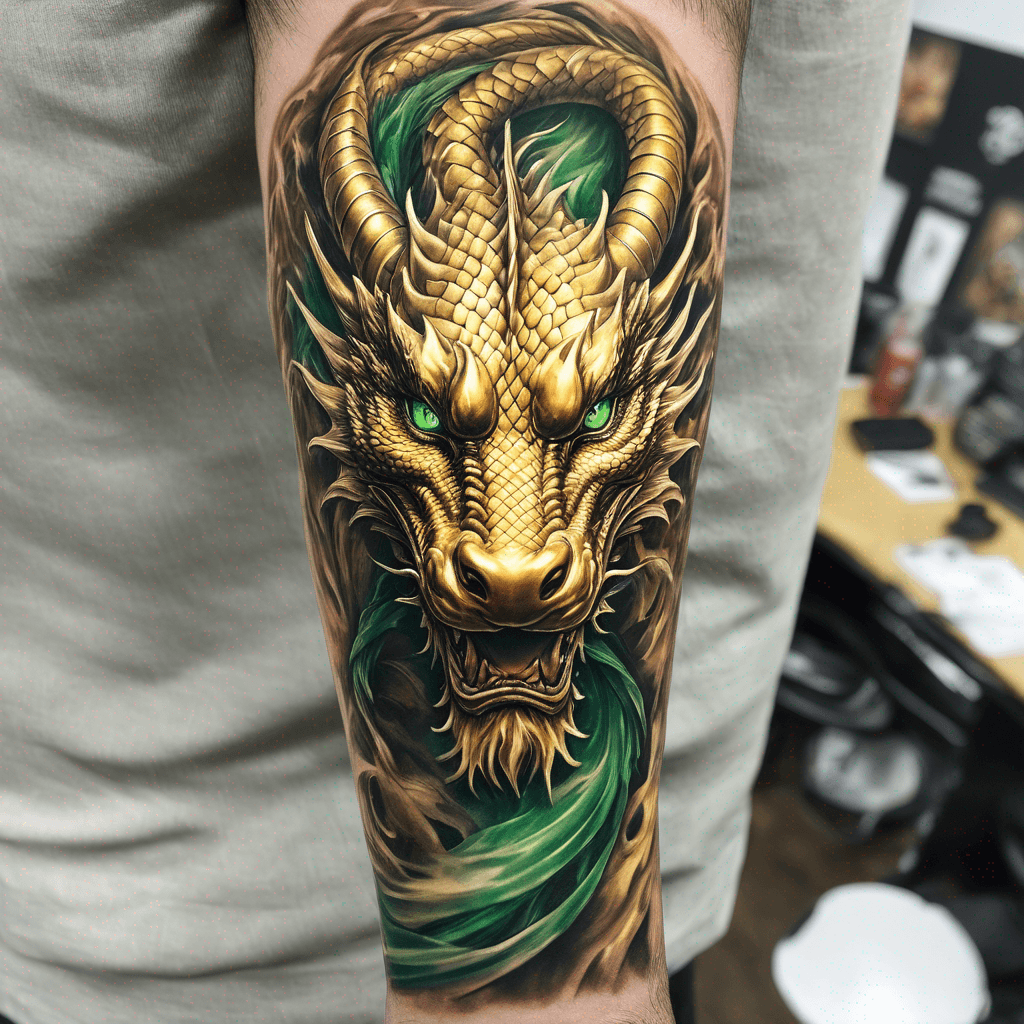 Golden Dragon for inner forearm.
Gold coloured Dragon.
Emerald Green Eyes.
Black nose.
White beard and highlights around head.
Brown Horns
Benevolent, majestic, spiritual, masculine, elegant