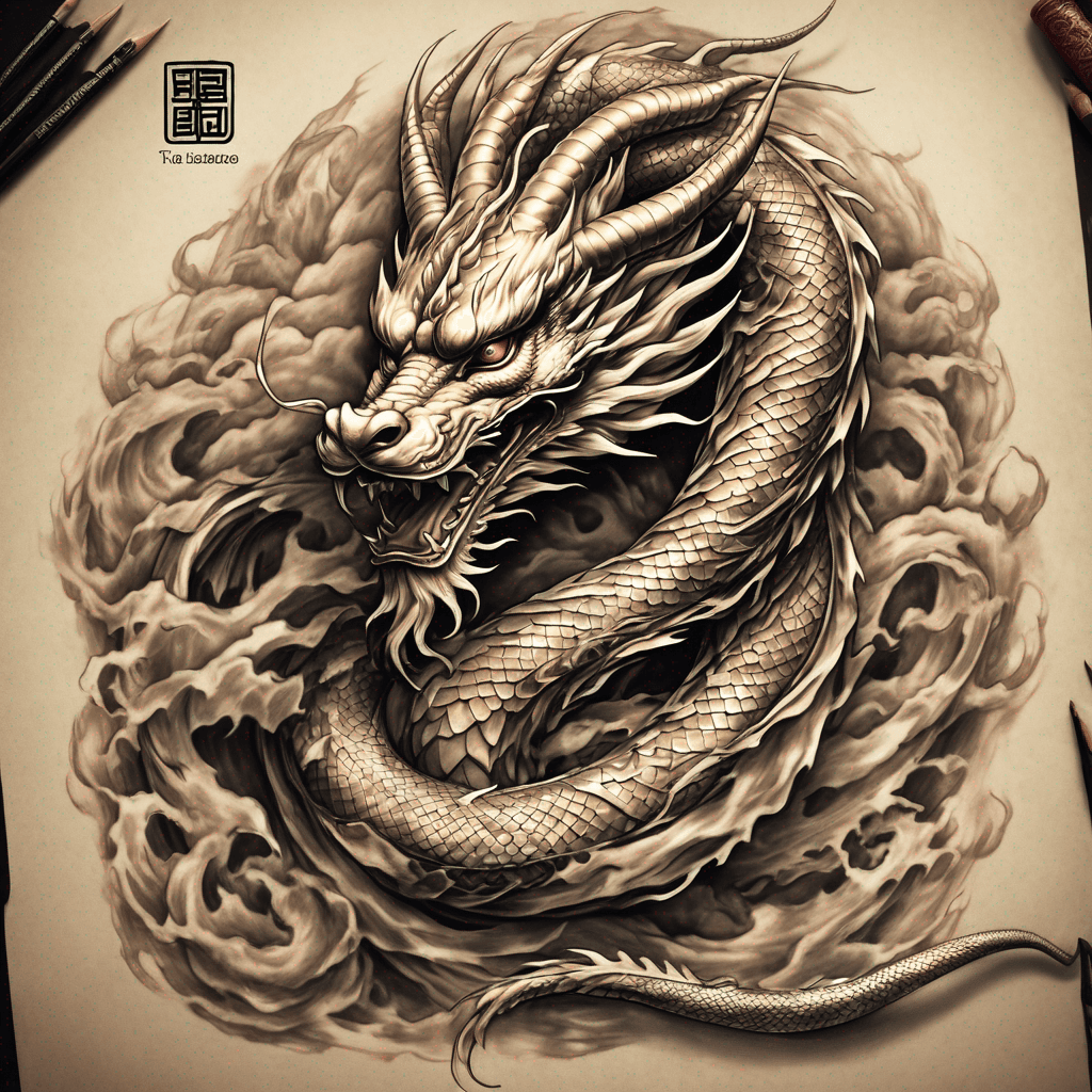 Create a premium professional tattoo design of a traditional Eastern golden dragon, specifically composed for the inner forearm.
The dragon should feel benevolent, majestic, spiritual, masculine and elegant rather than aggressive. Use authentic Eastern/Chinese dragon anatomy with a long serpentine body, natural flowing curves, balanced proportions and a powerful but graceful presence.
Colour palette:
Gold-coloured dragon with rich warm golden scales and subtle darker shading for depth.
Emerald green eyes, vivid and luminous.
Black nose.
White beard with white highlights and accents around the face and head.
Natural brown horns.