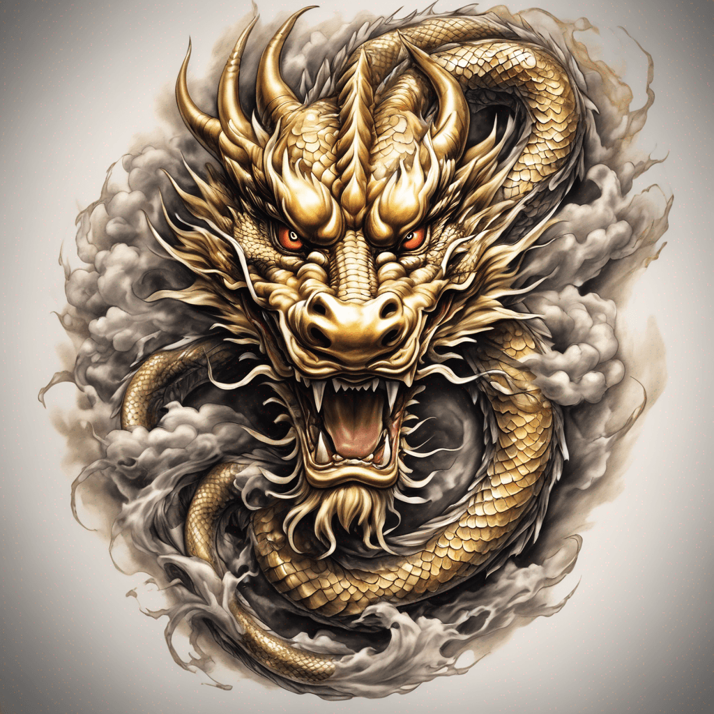 Create a premium professional tattoo design of a traditional Eastern golden dragon, specifically composed for the inner forearm.
The dragon should feel benevolent, majestic, spiritual, masculine and elegant rather than aggressive. Use authentic Eastern/Chinese dragon anatomy with a long serpentine body, natural flowing curves, balanced proportions and a powerful but graceful presence.
Colour palette:
Gold-coloured dragon with rich warm golden scales and subtle darker shading for depth.
Emerald green eyes, vivid and luminous.
Black nose.
White beard with white highlights and accents around the face and head.
Natural brown horns.