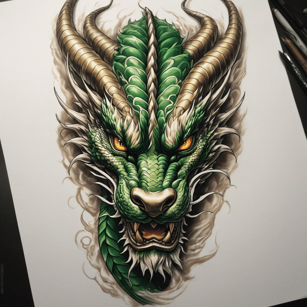 Eastern Golden Dragon for inner forearm.
Emerald Green Eyes.
Black nose.
White beard and highlights around head.
Brown Horns
Benevolent, majestic, spiritual, masculine, elegant