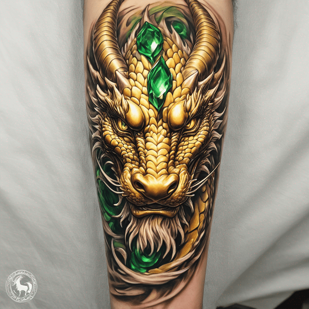 Golden dragon curling up inner-forearm, benevolent face, emerald eyes, black nose, white beard with halo highlights, two brown horns, elegant linework
