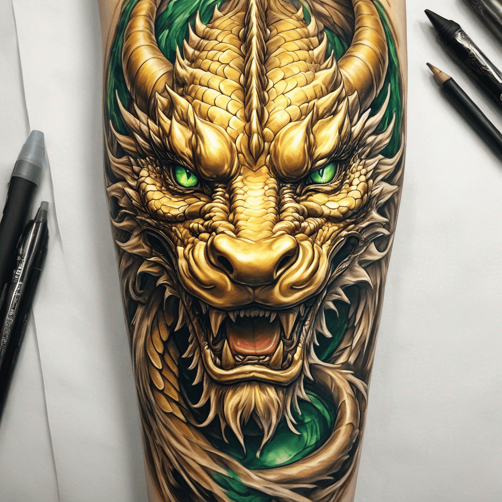 Golden dragon on inner-forearm, benevolent face, emerald eyes, black nose, white beard with halo highlights, two brown horns, elegant linework