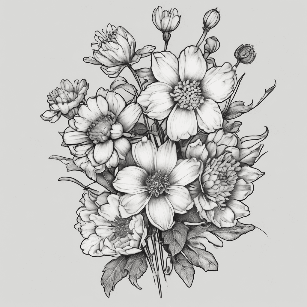 Simple small one stem each Birth month flower bouquet with chrysanthemum, narcissus daisy and hawthorn Mother daughter birth month. Tattoo for small inner arm
