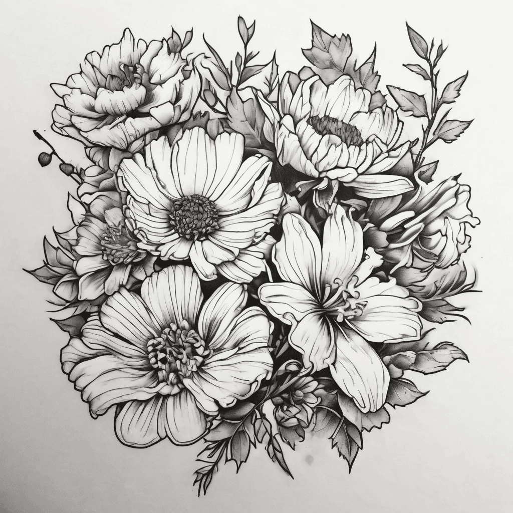 Simple small one stem each Birth month flower bouquet with chrysanthemum, narcissus daisy and hawthorn Mother daughter birth month. Tattoo for small inner arm