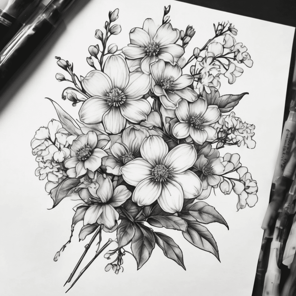 Simple small one stem each Birth month flower bouquet with chrysanthemum, narcissus daisy and hawthorn Mother daughter birth month. Tattoo for small inner arm