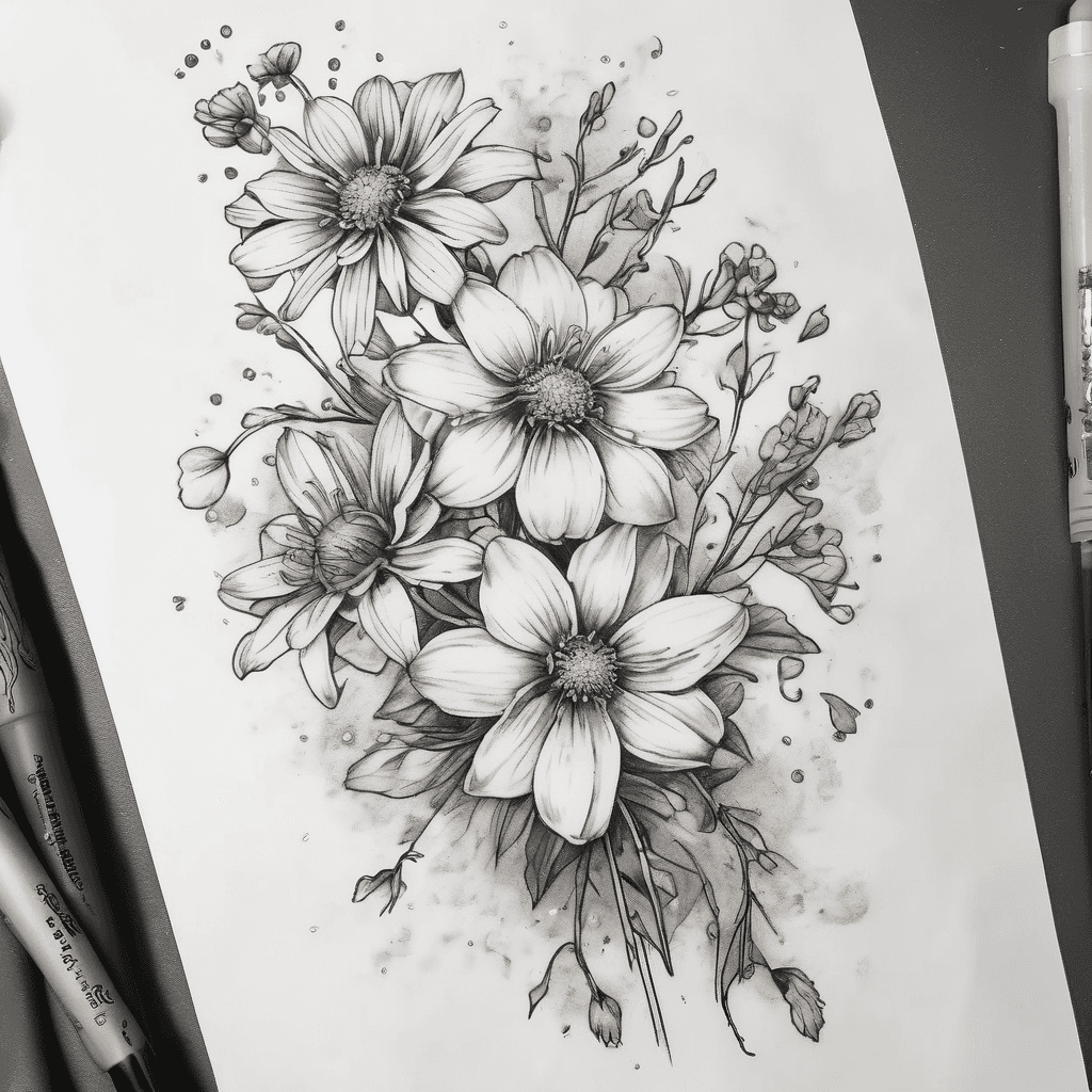 Simple small one stem each Birth month flower bouquet with chrysanthemum, narcissus daisy and hawthorn Mother daughter birth month. Tattoo for small inner arm