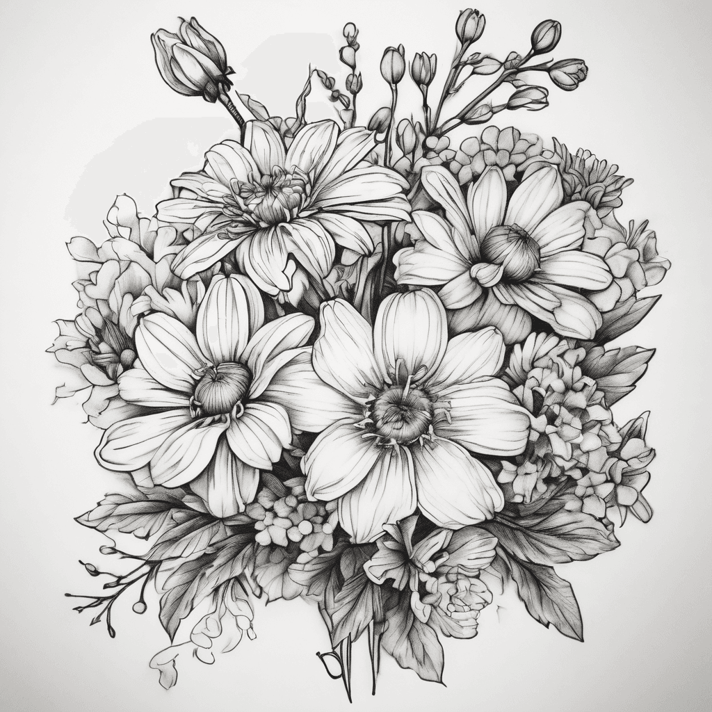 Simple small one stem each Birth month flower bouquet with chrysanthemum, narcissus daisy and hawthorn Mother daughter birth month. Tattoo for small inner arm make smaller and longer