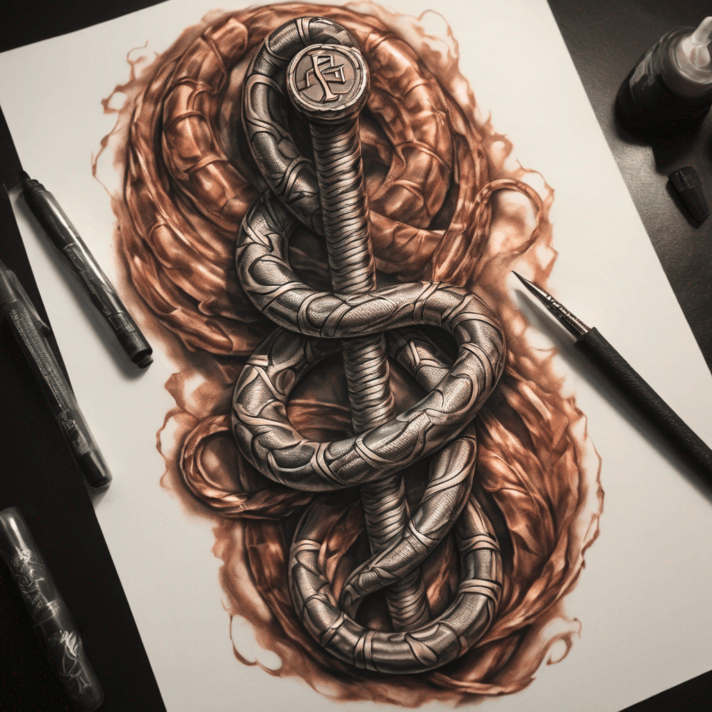Rod of Asclepius - silver serpent coiled around textured copper rod, fine-line realism, metallic highlights, subtle shading, vertical design