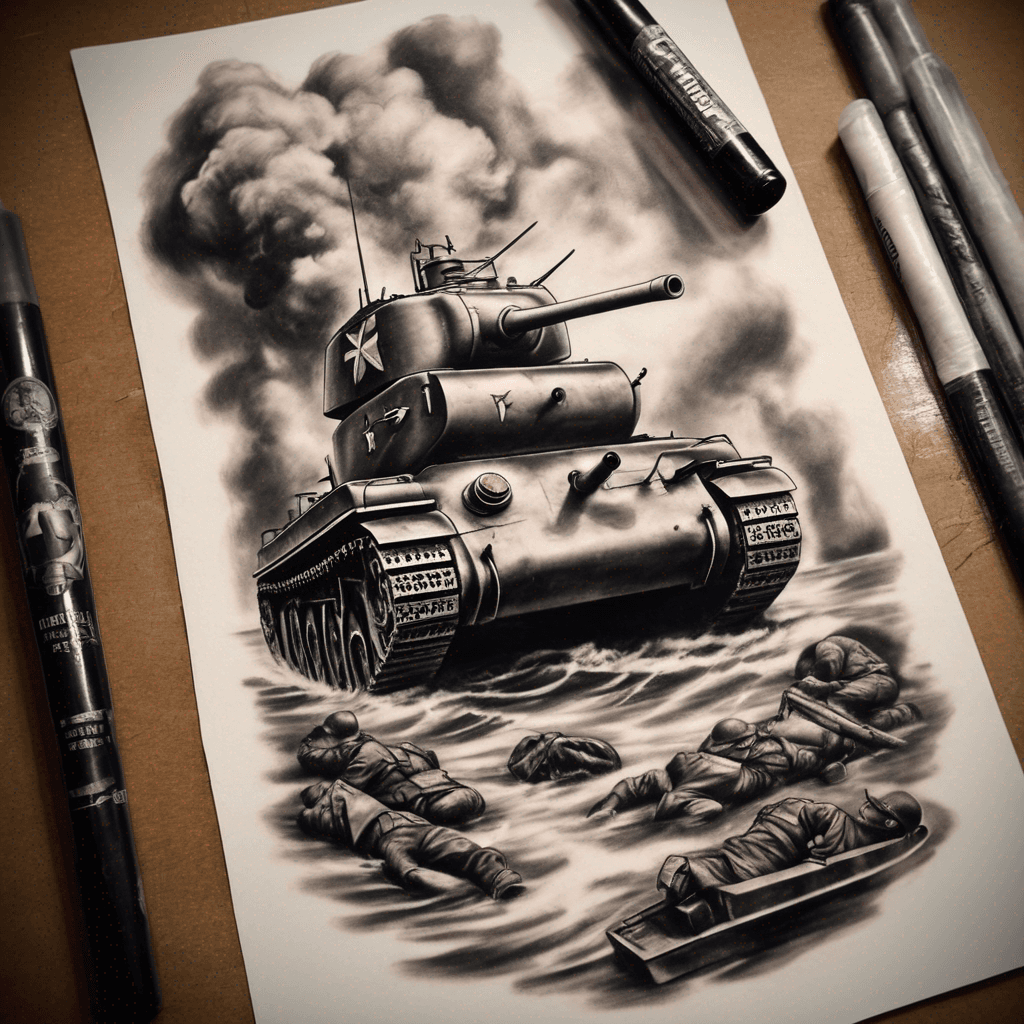 black and grey realism ww2 leg tattoo include a pill box , tank and landing craft , also a little memorial bit with some crosses and have 2 of the crosses at the front be a bit brighter and have on one cross the name steven, and on the other make it say grandad but make the names slowly fade
