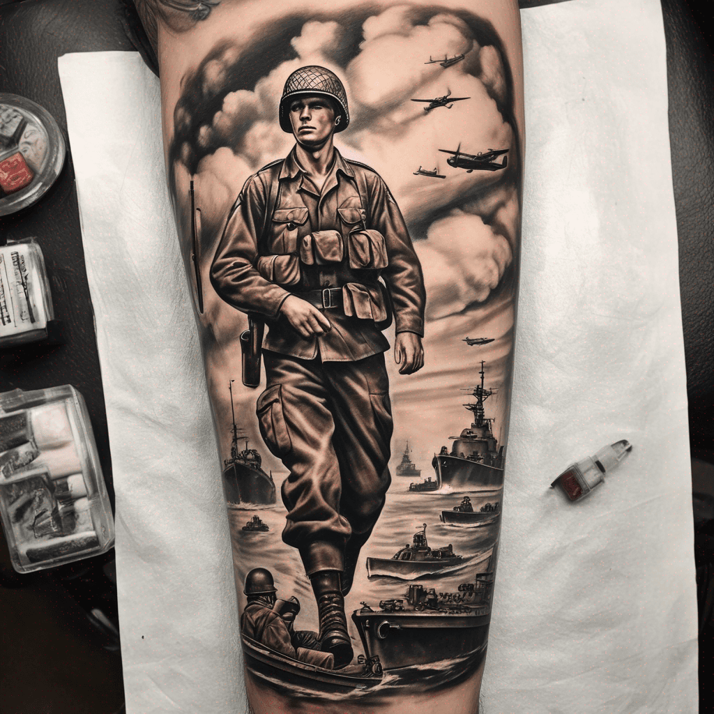 world war 2 full leg tattoo include a pill box , tank and landing craft, soldiers , also a little memorial bit with some crosses and have 2 of the crosses at the front be a bit brighter and have on one cross the name steven,