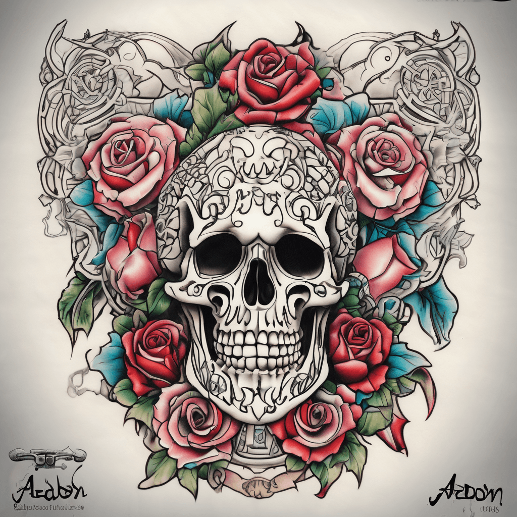 A beautiful tattoo design featuring the name "Aedon 6/26/2003" in elegant lettering with colorful flowers