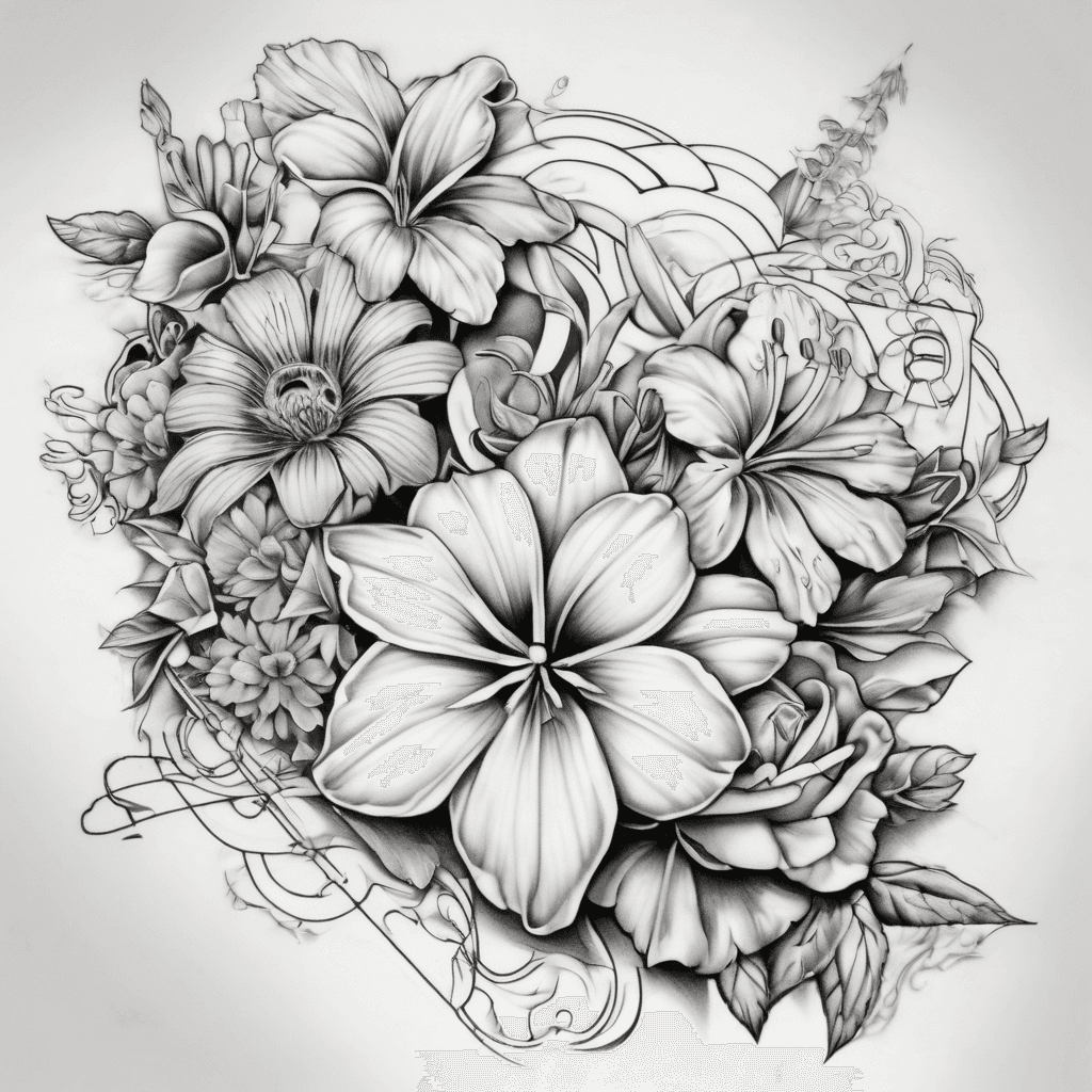 A beautiful tattoo design featuring the name "Aedon 6/26/2003" in elegant lettering with colorful flowers