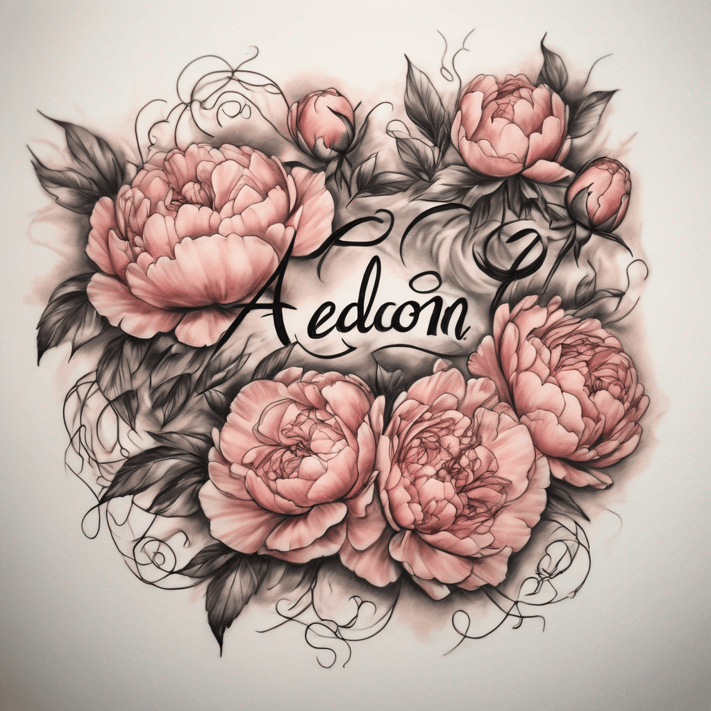 Elegant script 'Aedon 6/26/2003' in fine black lettering, surrounded by watercolor roses & peonies, pastel palette, delicate shading, fine-line vines